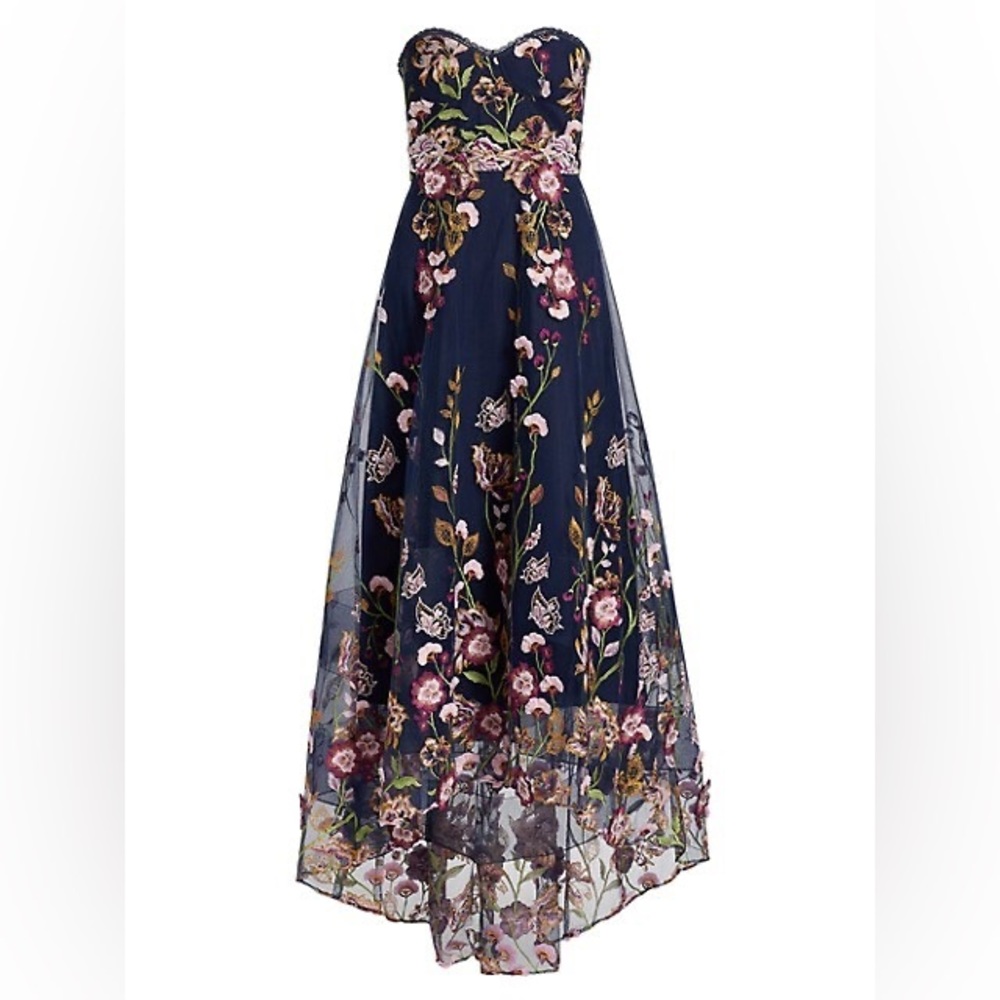 Marchesa Notte Dress | Marchesa Notte Strapless High-Low Embroidered Tulle Gown - Picture 2 of 8